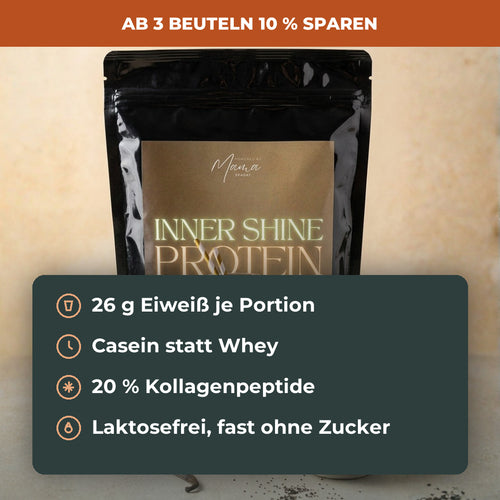 Inner Shine Protein: 26 g Eiweiß je Portion, Casein statt Whey, 20 Prozent Kollagenpeptide, laktosefrei. Ab 3 Beuteln 10 Prozent sparen.
