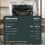 Nährwerte je Portion mit 30 Gramm: 111 Kilokalorien, 25,4 bis 26,7 g Eiweiß, 0,12 g Zucker. 750 g Beutel mit 25 Portionen, 2,32 Euro je Portion.