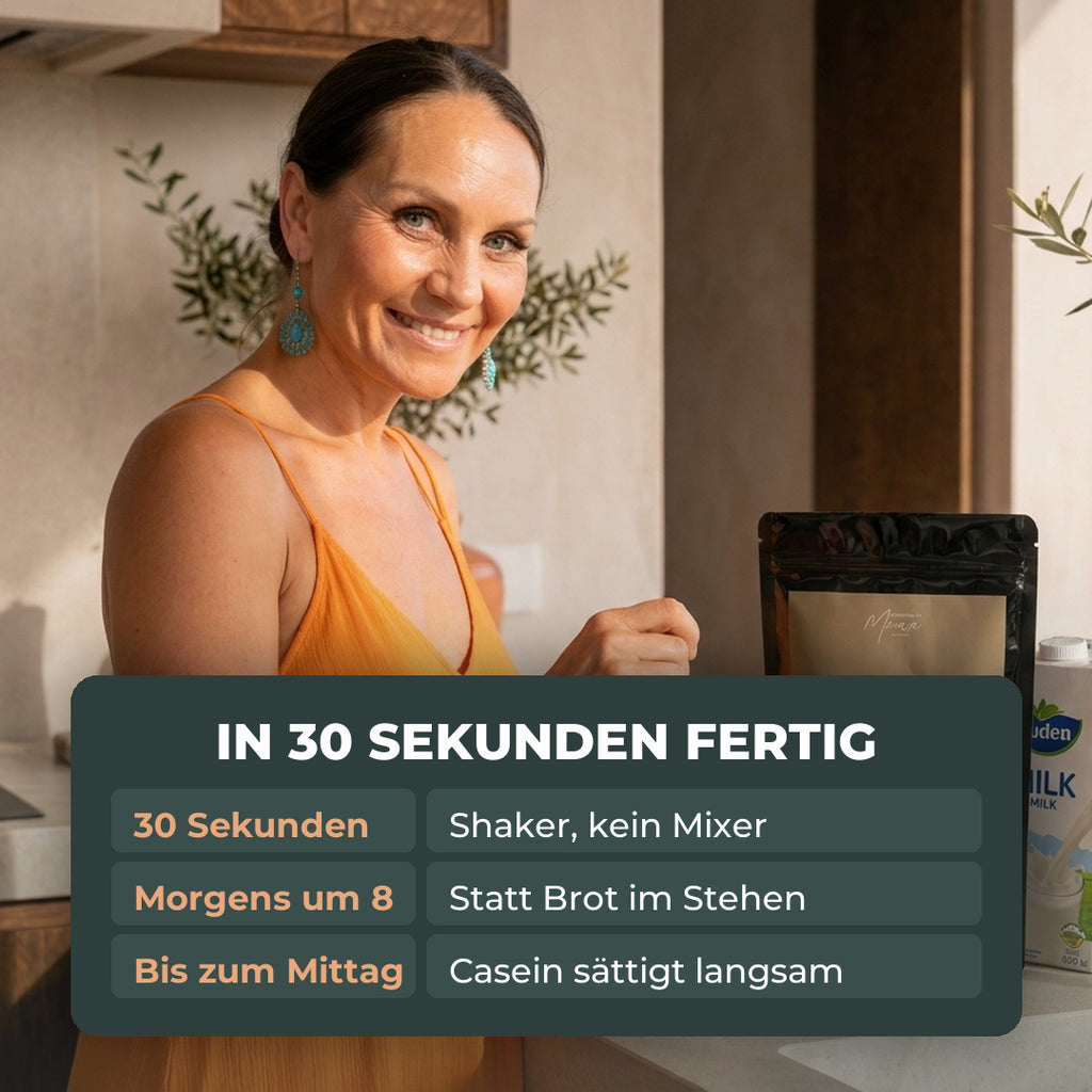 Vanessa rührt Inner Shine Protein an. In 30 Sekunden fertig, Shaker statt Mixer, sättigt bis zum Mittag.