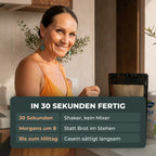 Vanessa rührt Inner Shine Protein an. In 30 Sekunden fertig, Shaker statt Mixer, sättigt bis zum Mittag.