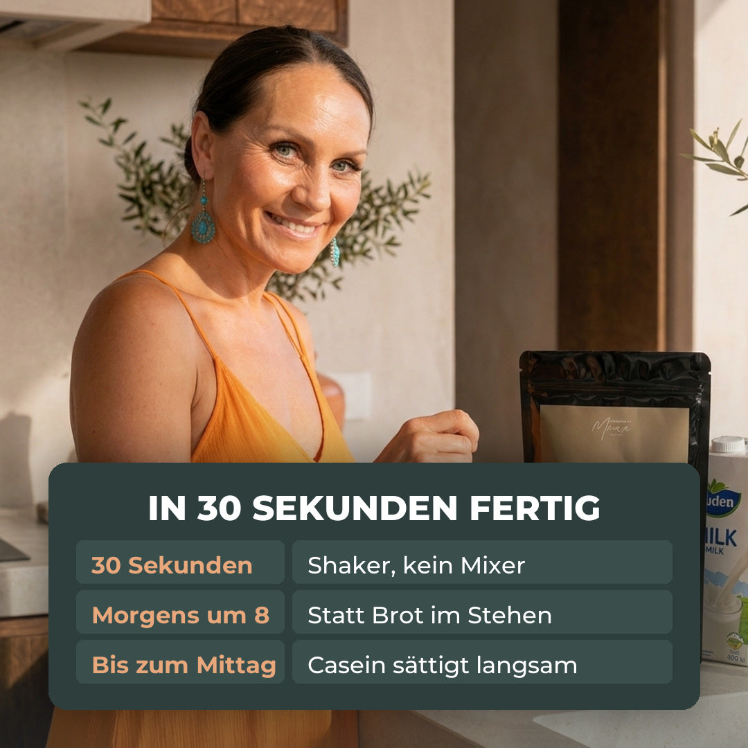 Vanessa rührt Inner Shine Protein an. In 30 Sekunden fertig, Shaker statt Mixer, sättigt bis zum Mittag.