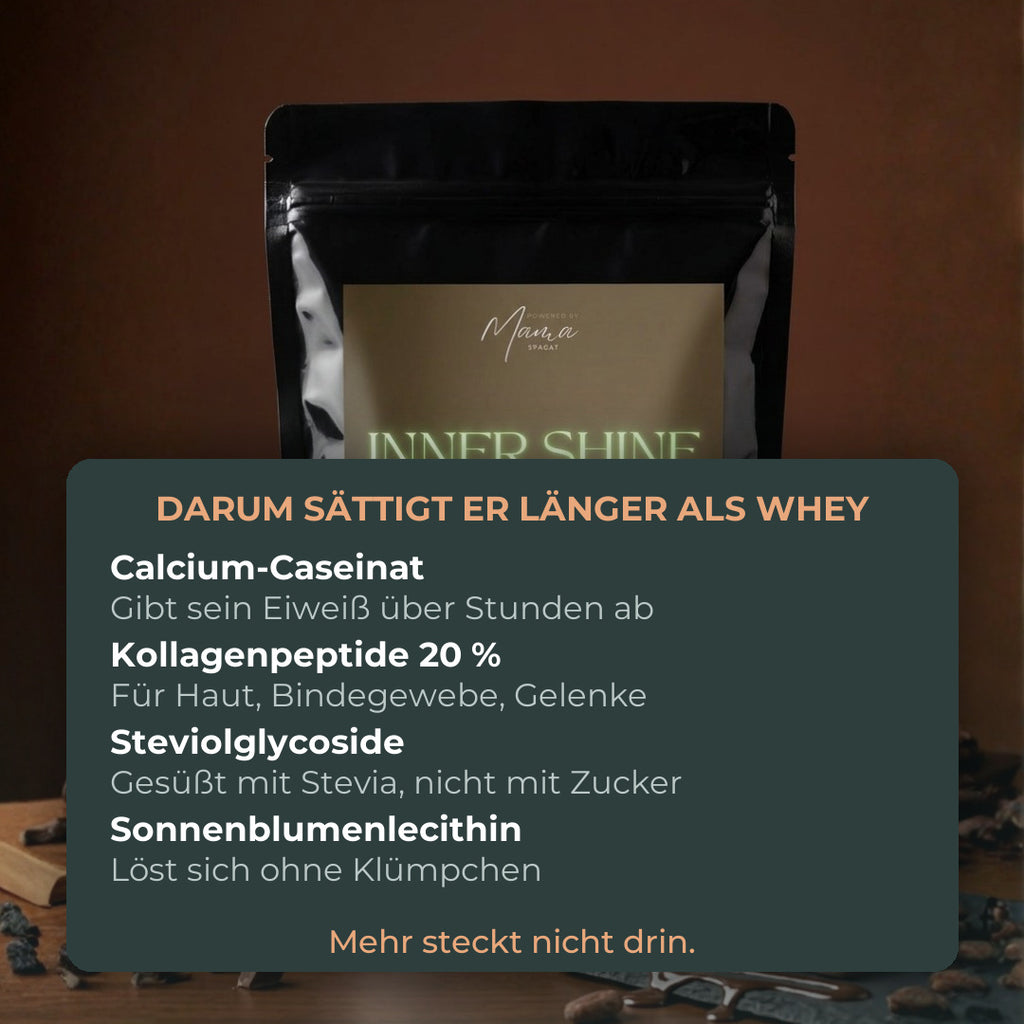 Die Zutaten: Calcium-Caseinat, 20 Prozent Kollagenpeptide, Steviolglycoside, Sonnenblumenlecithin.