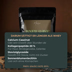 Die Zutaten: Calcium-Caseinat, 20 Prozent Kollagenpeptide, Steviolglycoside, Sonnenblumenlecithin.