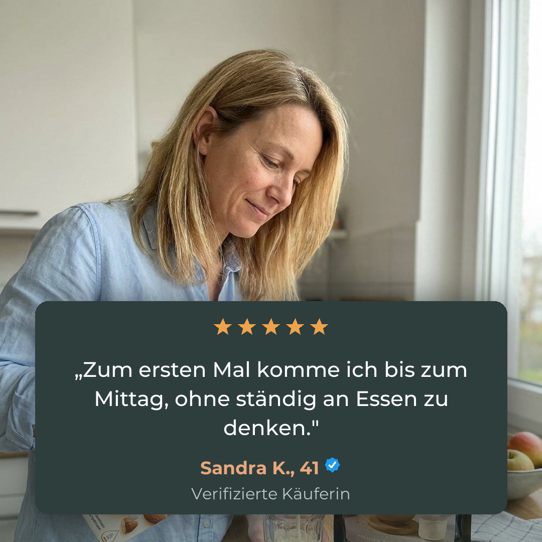Kundenstimme von Sandra K., 41: Zum ersten Mal komme ich bis zum Mittag, ohne ständig an Essen zu denken.